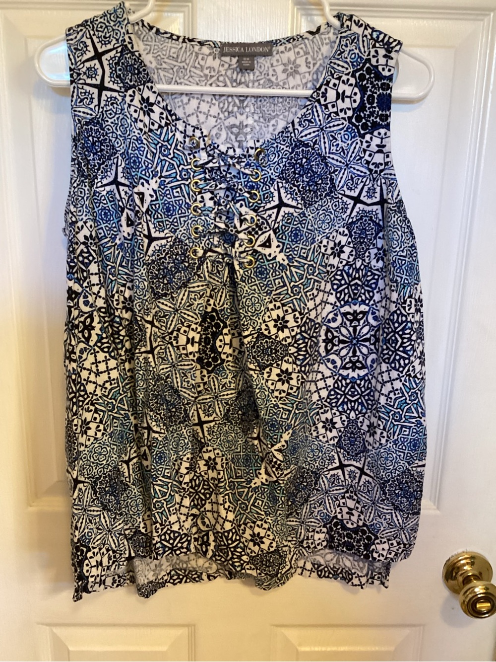 Jessica London Blue & White Lace-Up Mosaic Sleeveless Top
